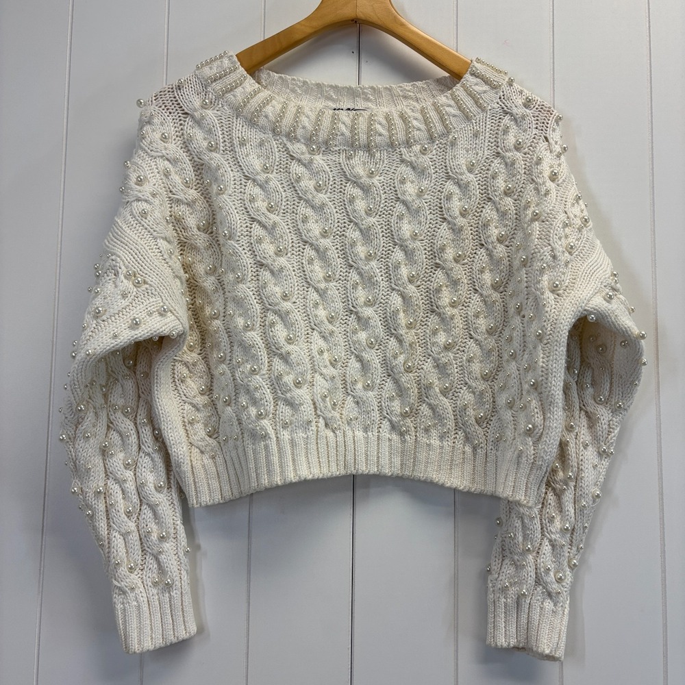 MY Preppy Cable Knit Embellished Cropped Sweater Women Large Coquette Minimalist